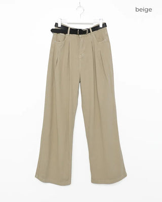 Double-pleated cotton wide-leg pants and belt set