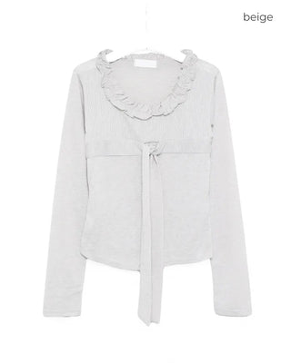 Frill Jewel Neck Ribbon Bust Long T-Shirt