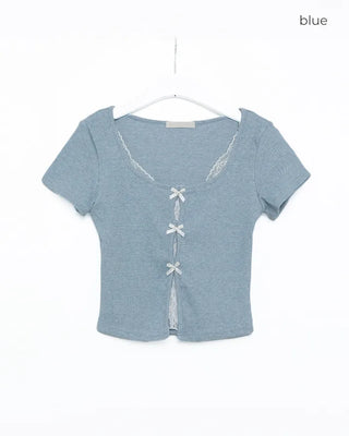 Lace Ribbon Slim Fit Half Sleeve T-Shirt