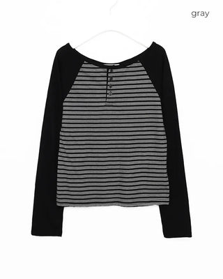 Striped Henley Neck Raglan Long T-Shirt