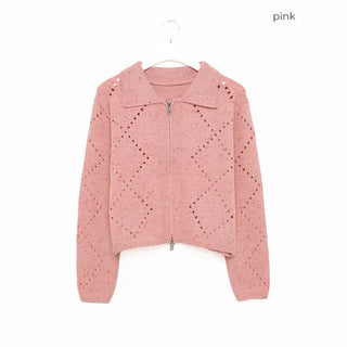 Perforated Collar Knit Zip-Up