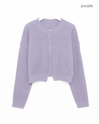 Perforated knit zip-up