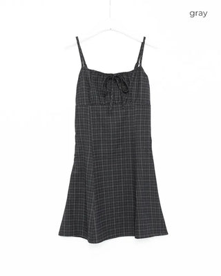Shirred check sleeveless mini dress
