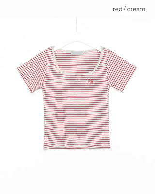 U-neck striped half-sleeve T-shirt