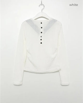 Lace-layered button-detail T-shirt