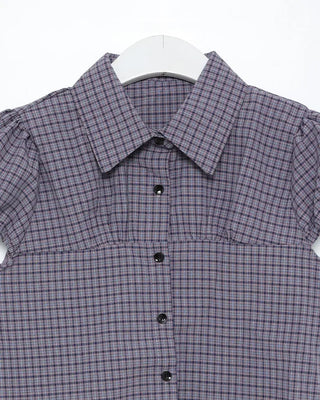 Puff-sleeve checkered blouse
