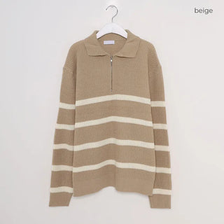 (Unisex) Color Semi-Zip Striped Knitwear