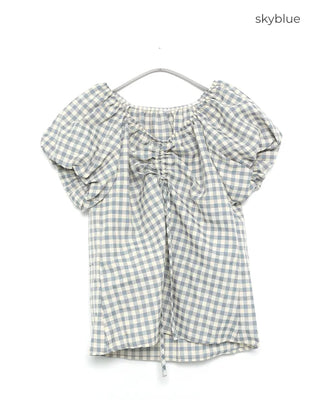 Checked Shirred V-Neck Blouse