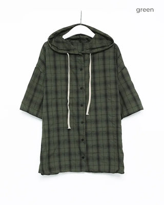 (Unisex) Check Hooded Short-Sleeve Shirt