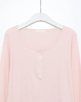 Half-open neck simple ribbed long-sleeve T-shirt
