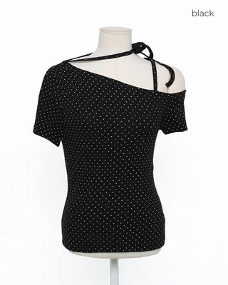 Dot Asymmetric Off-Shoulder Short-Sleeve T-Shirt