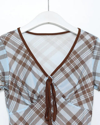 Checkered pattern cutout detail blouse