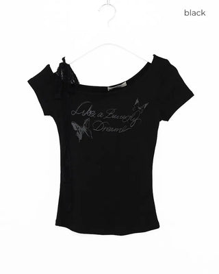 Ribbon Shoulder Butterfly Cap Ribbed T-Shirt