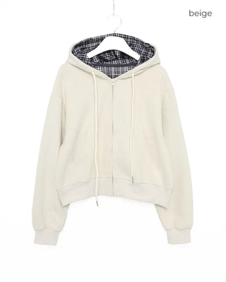 Checked hooded zip-up parka