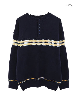 (Unisex) Jacquard Henley Neck Knit