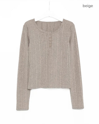 Ribbed round neck long sleeve T-shirt
