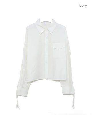 Sleeve Drawstring Cropped Sheer Shirt
