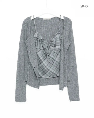 Check sleeveless cardigan set
