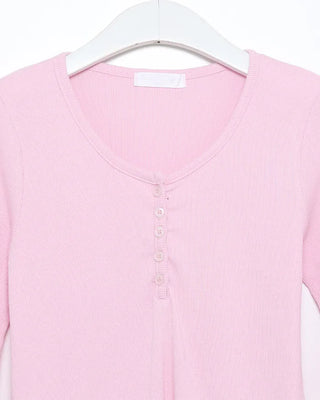 Henley neck long-sleeved T-shirt