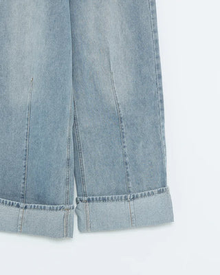 Rolled-up wide-leg denim pants