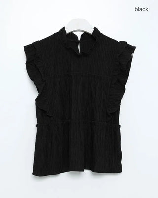 High-neck frilled neck and wide-leg pants set