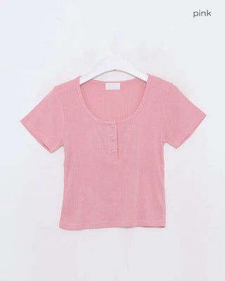 Button-down U-neck short-sleeved T-shirt