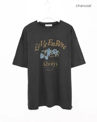 Pigmented floral print loose half-length T-shirt