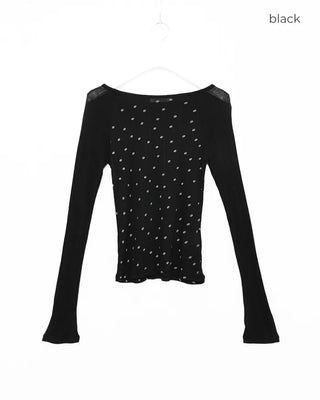 Boat neck polka dot ribbed long T-shirt