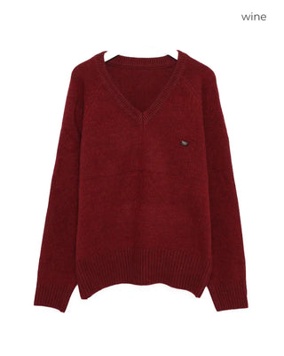 Oval Tag V-Neck Raglan Shoulder Knit Sweater