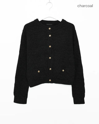 Gold Button Square Pocket Ribbed Cardigan