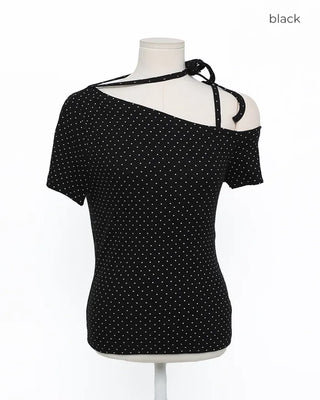 One-off shoulder polka dot half-sleeve T-shirt