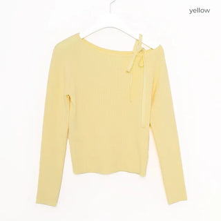One-shoulder ribbon knit T-shirt
