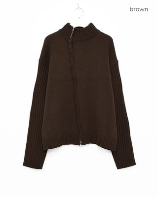 Asymmetrical pleated knit zip-up