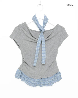 Checked frill shirred half-sleeve T-shirt