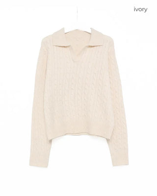 Open-collar cable knit sweater