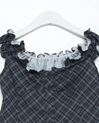 Checked Shirred Short Sleeve Blouse