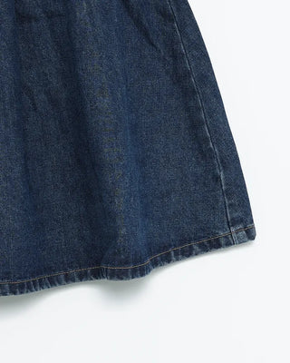 Dart-tucked denim midi skirt