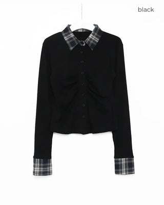 Checked two-tone gathered neck shirt