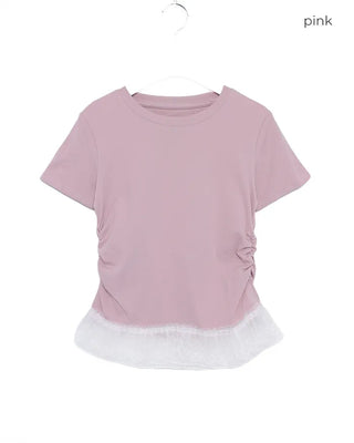 Lace Shirring Half-Sleeve T-Shirt
