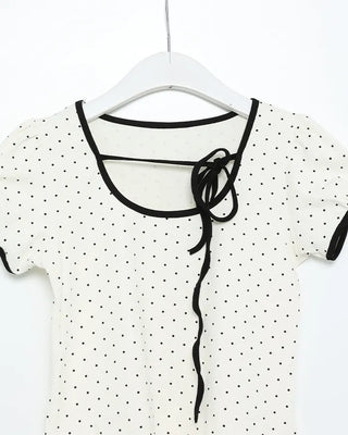 Dot neck string short-sleeved T-shirt
