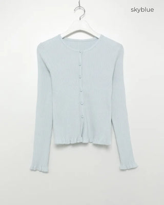 Frilled round neck ribbed cardigan