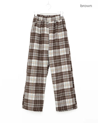 Fleece-lined check pattern elastic waist pants