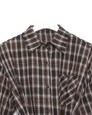 Waist-string check long shirt
