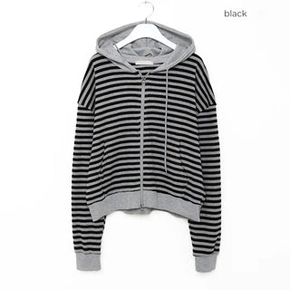 Striped semi-cropped double-zip waffle hoodie