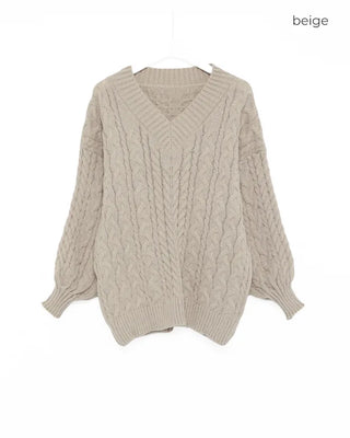 V-neck Cable Balloon Sleeve Long Knit