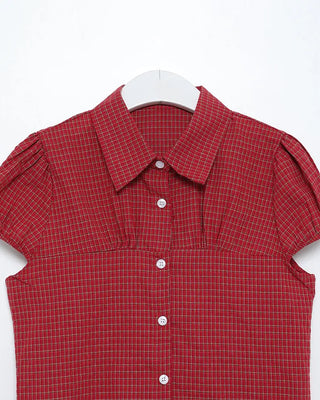 Checked shirred short-sleeved blouse