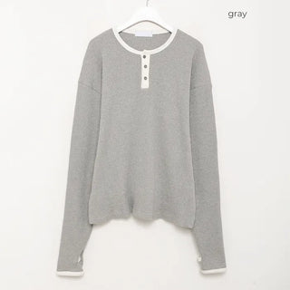 (Unisex) Piping Bicolor Fingerhole Button T-Shirt