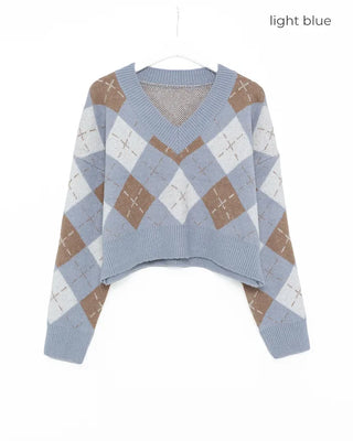 V-neck argyle pattern loose knit