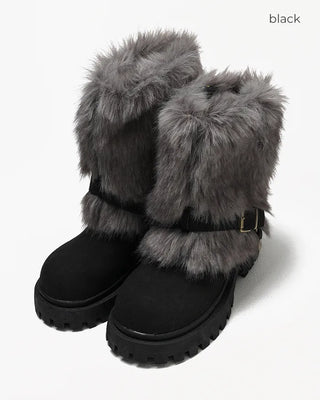 Harness-attached pattern fur suede short boots
