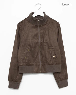 Ribbed High-Neck Suede Zip Jacket